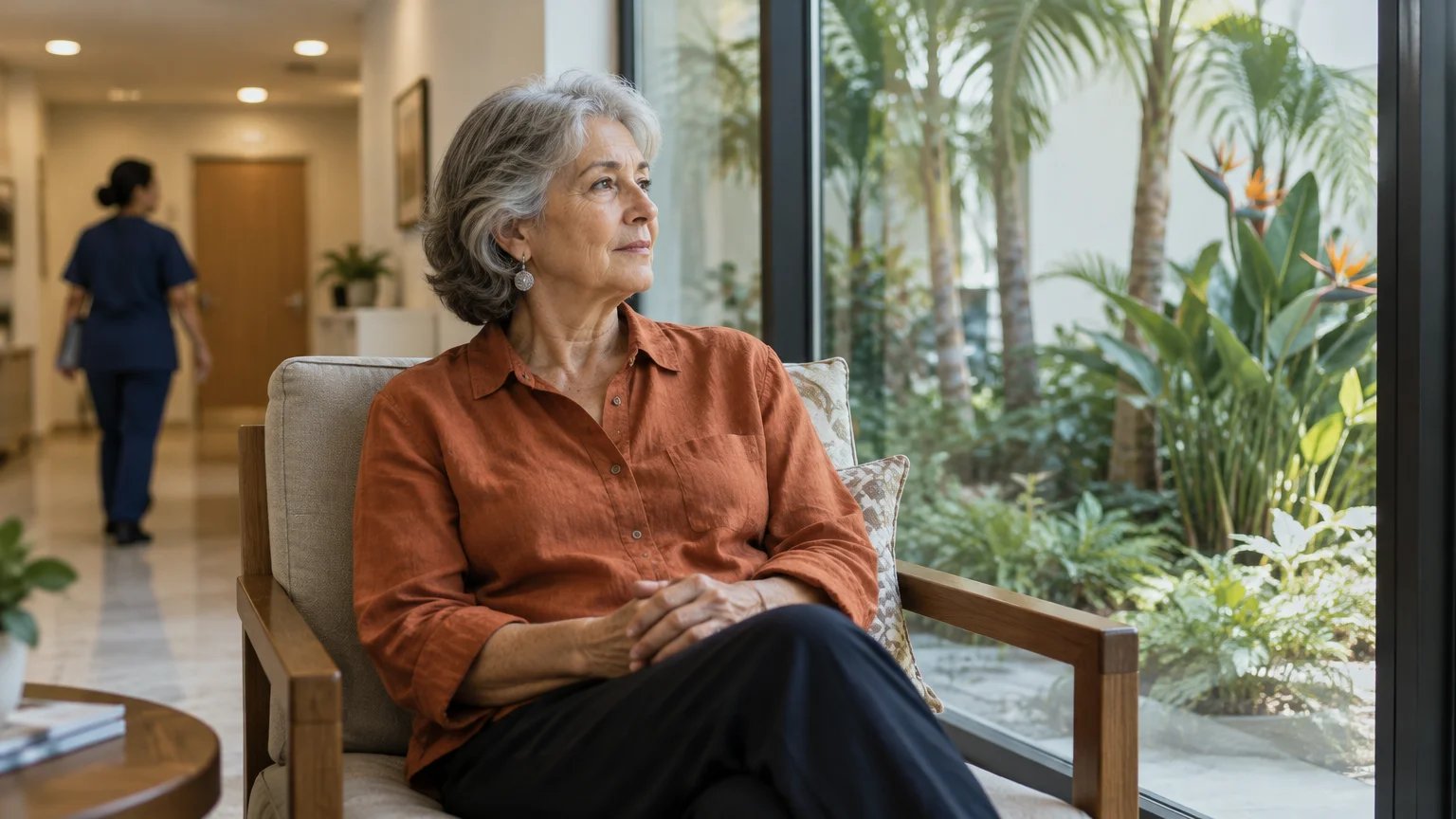 Senior woman with gray hair sitting in an armchair by a window in a bright waiting room with tropical plants outside.