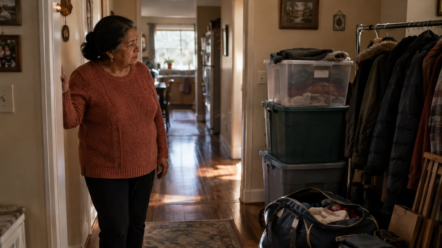 An older woman in a hallway looks at stacked storage bins, a duffel bag, and a clothes rack filled with jackets.