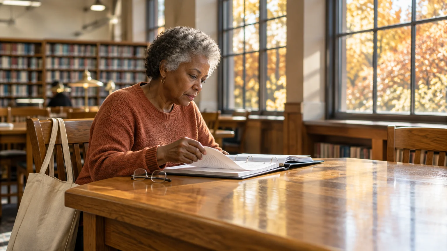 A senior woman sits at a wooden library table turning the pages of an open binder by large windows.