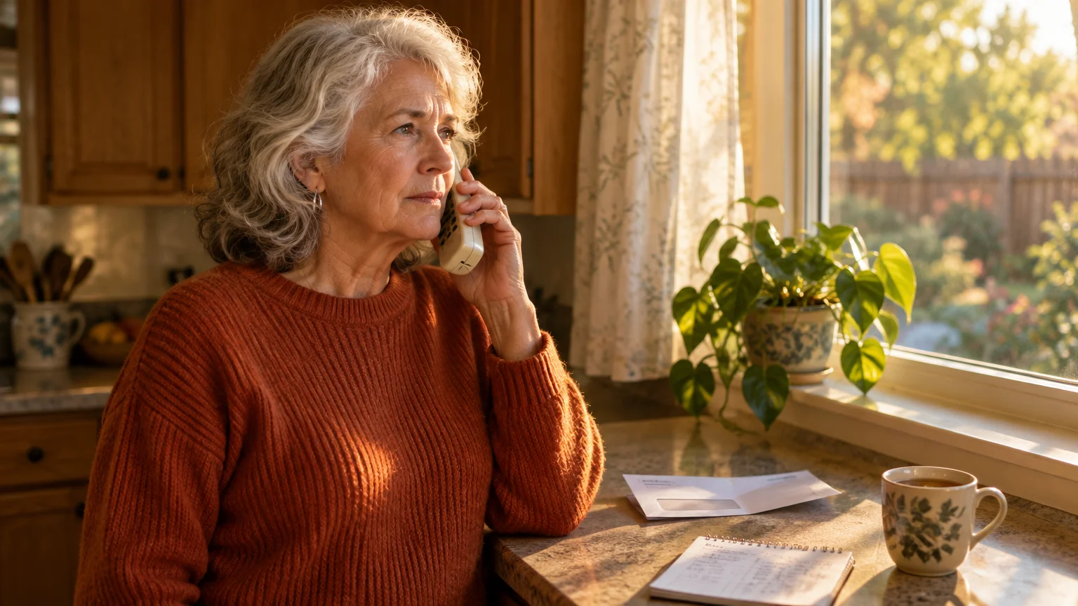 Senior woman in an orange sweater talking on a cordless phone in a kitchen by a window with mail on the counter.