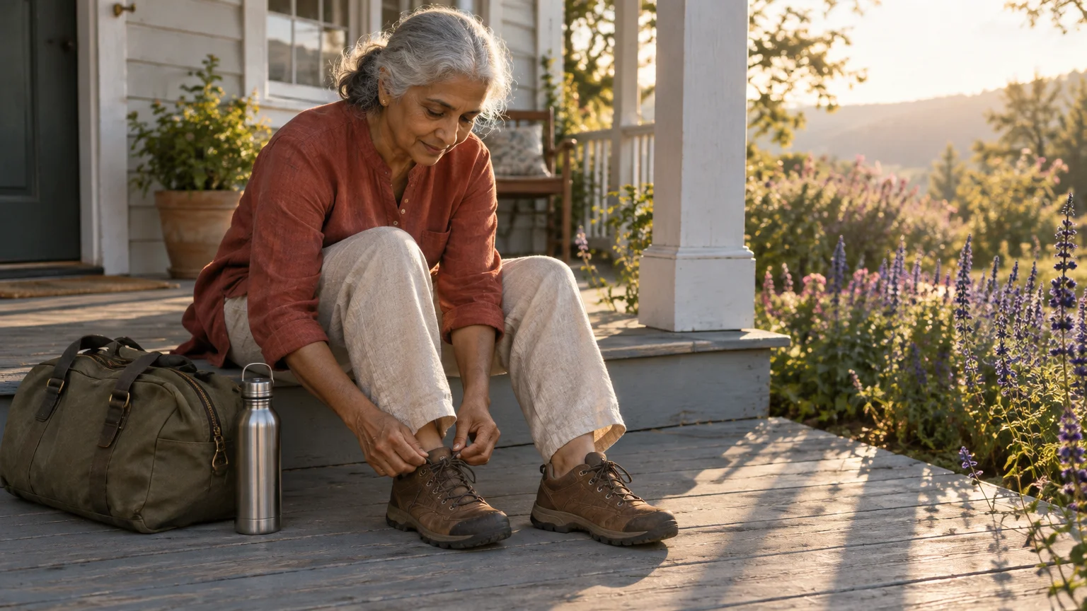 A senior woman sits on a wooden porch tying her hiking shoes beside a duffel bag and a metal water bottle.