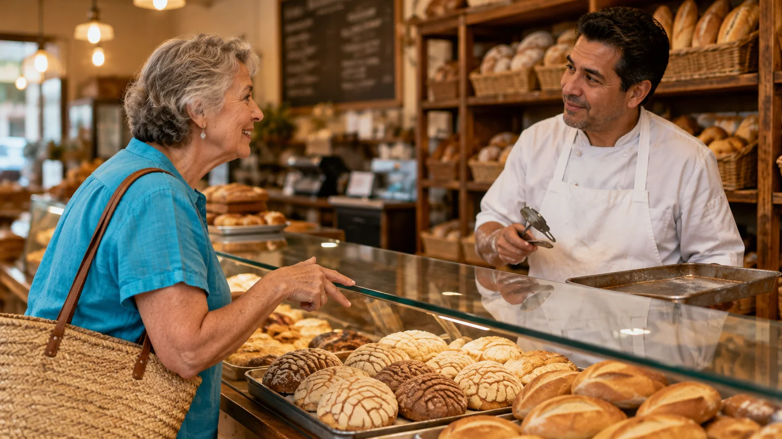 Senior woman ordering pastries at a bakery counter from a smiling baker holding tongs and a tray.