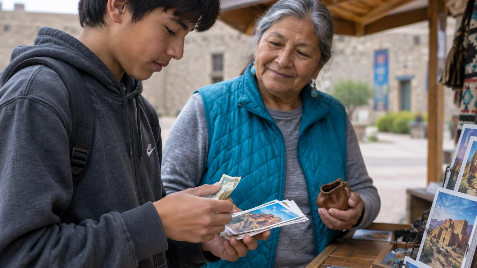 A boy holding cash looks at postcards at an outdoor market stall beside an older woman holding a small pouch.