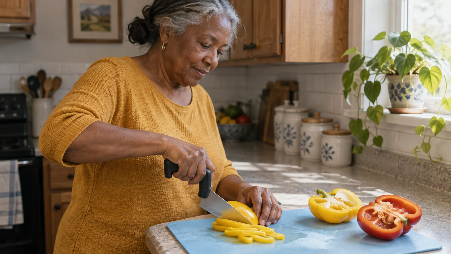An older woman with gray hair cuts a yellow bell pepper on a cutting board using an ergonomic knife.