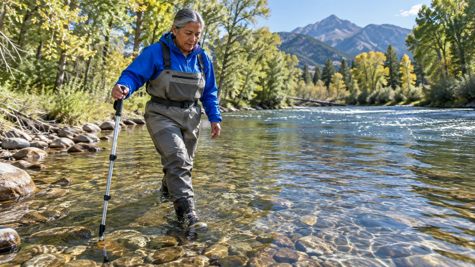 A woman in chest waders and a blue jacket navigates a rocky, clear mountain river using a wading staff.