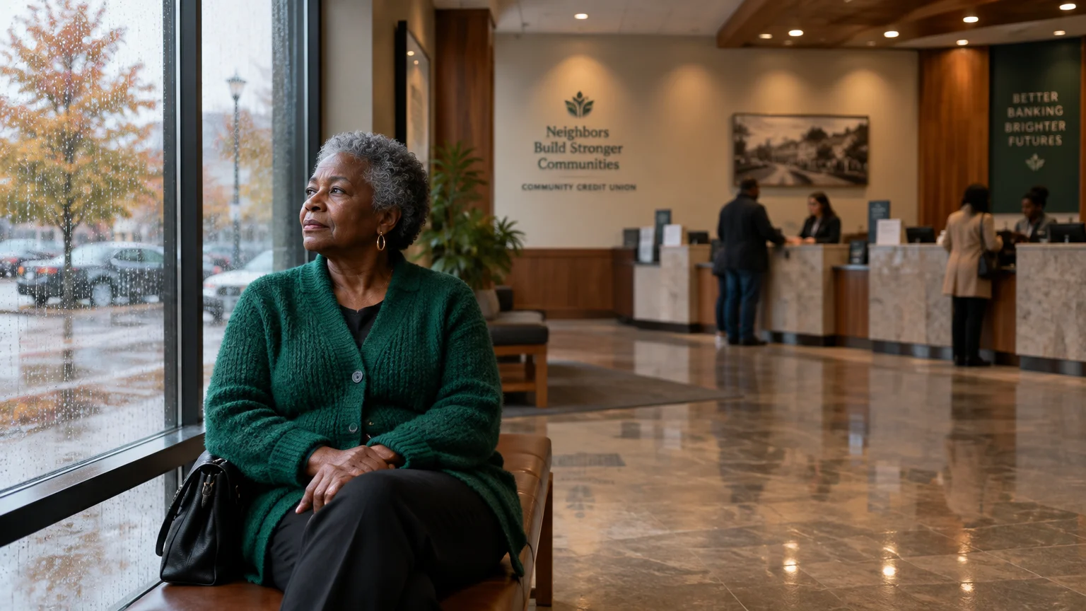 Senior woman sitting on a bench by a window in a bank lobby looking outside on a rainy day.