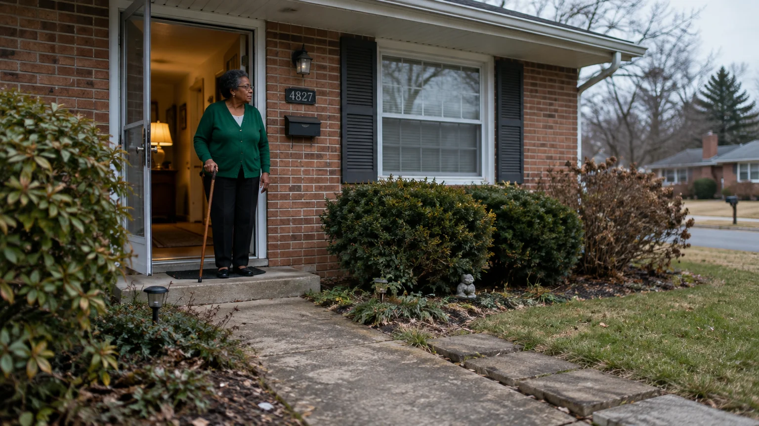 An older woman using a cane stands in the doorway of a brick suburban house looking outside.