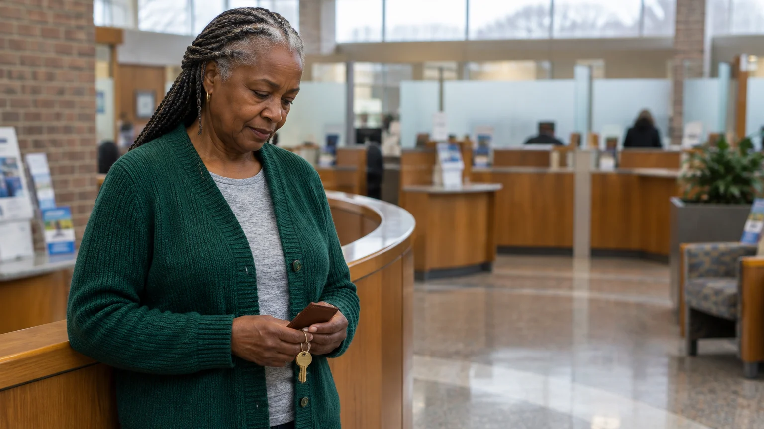 Older woman in a green cardigan looking down at her wallet and keys inside a spacious bank lobby.