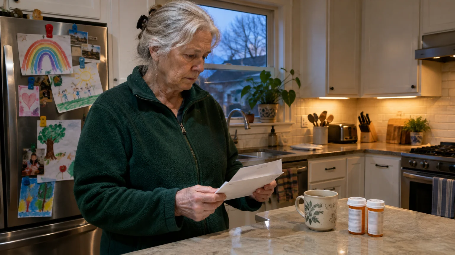 Senior woman looking at a letter in her kitchen next to a mug and two prescription pill bottles.