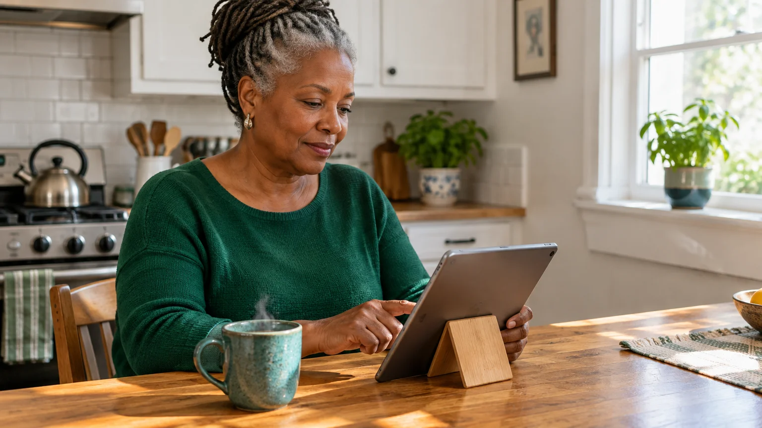 A senior woman with dreadlocks in a green sweater uses a digital tablet resting on a wooden stand at her kitchen table.