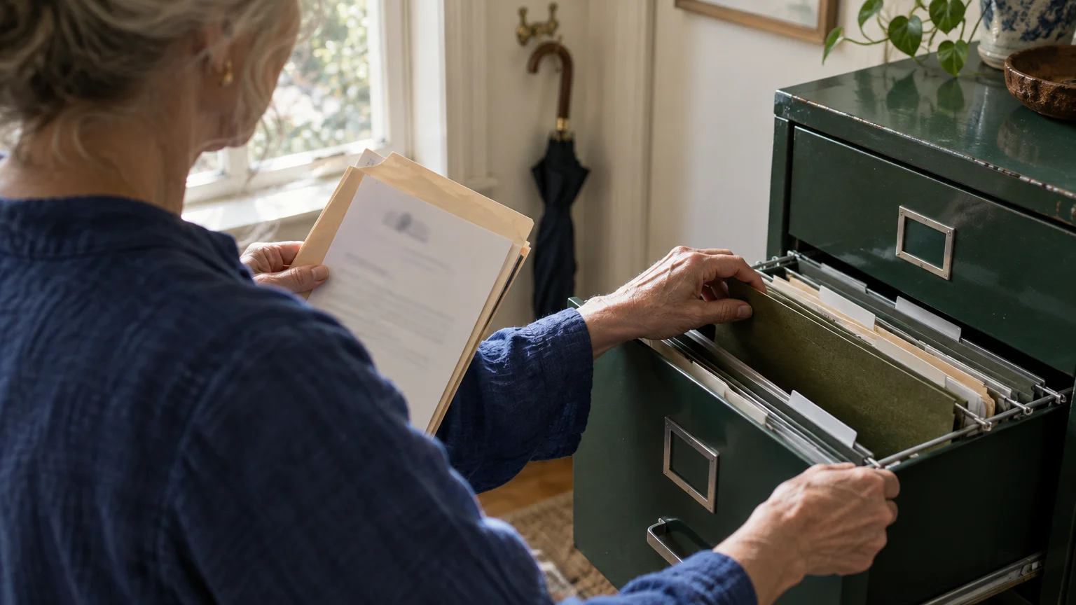 Person searching through folders in an open green filing cabinet drawer while holding a document.