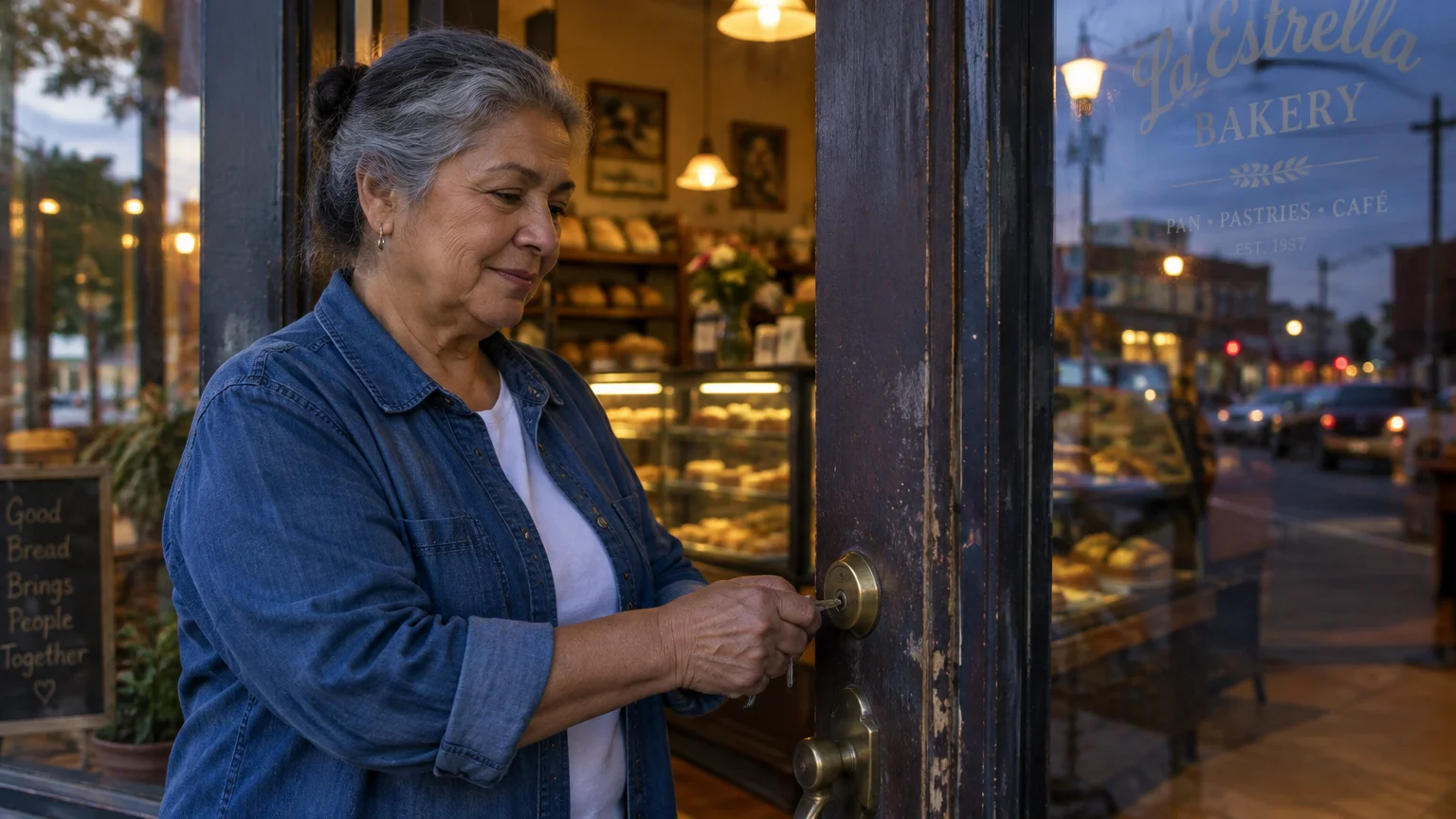 A smiling mature woman with gray hair unlocks the wooden front door of a storefront bakery at dusk.