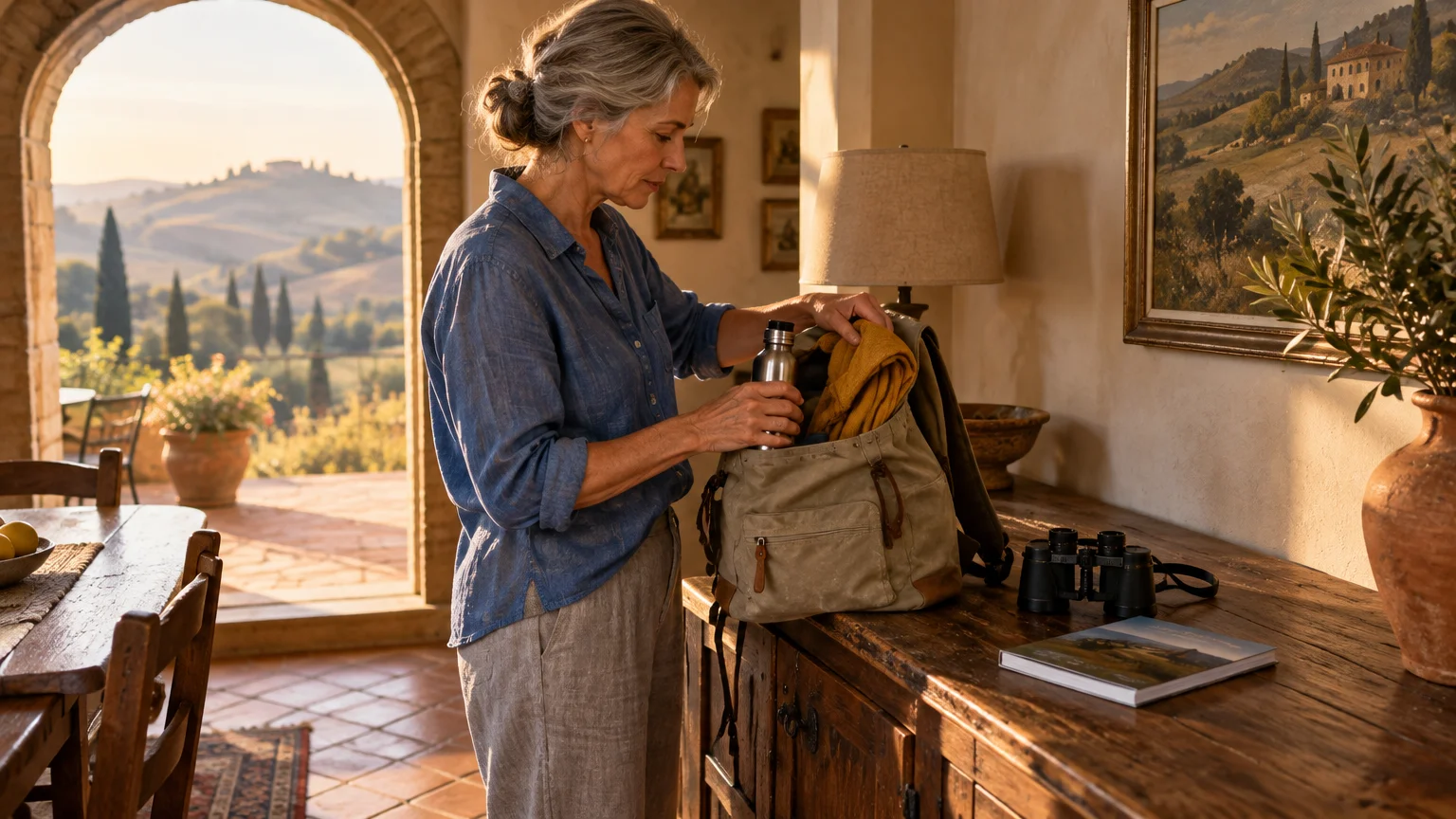 A woman packs a canvas backpack on a wooden credenza inside a villa overlooking rolling Tuscan hills.