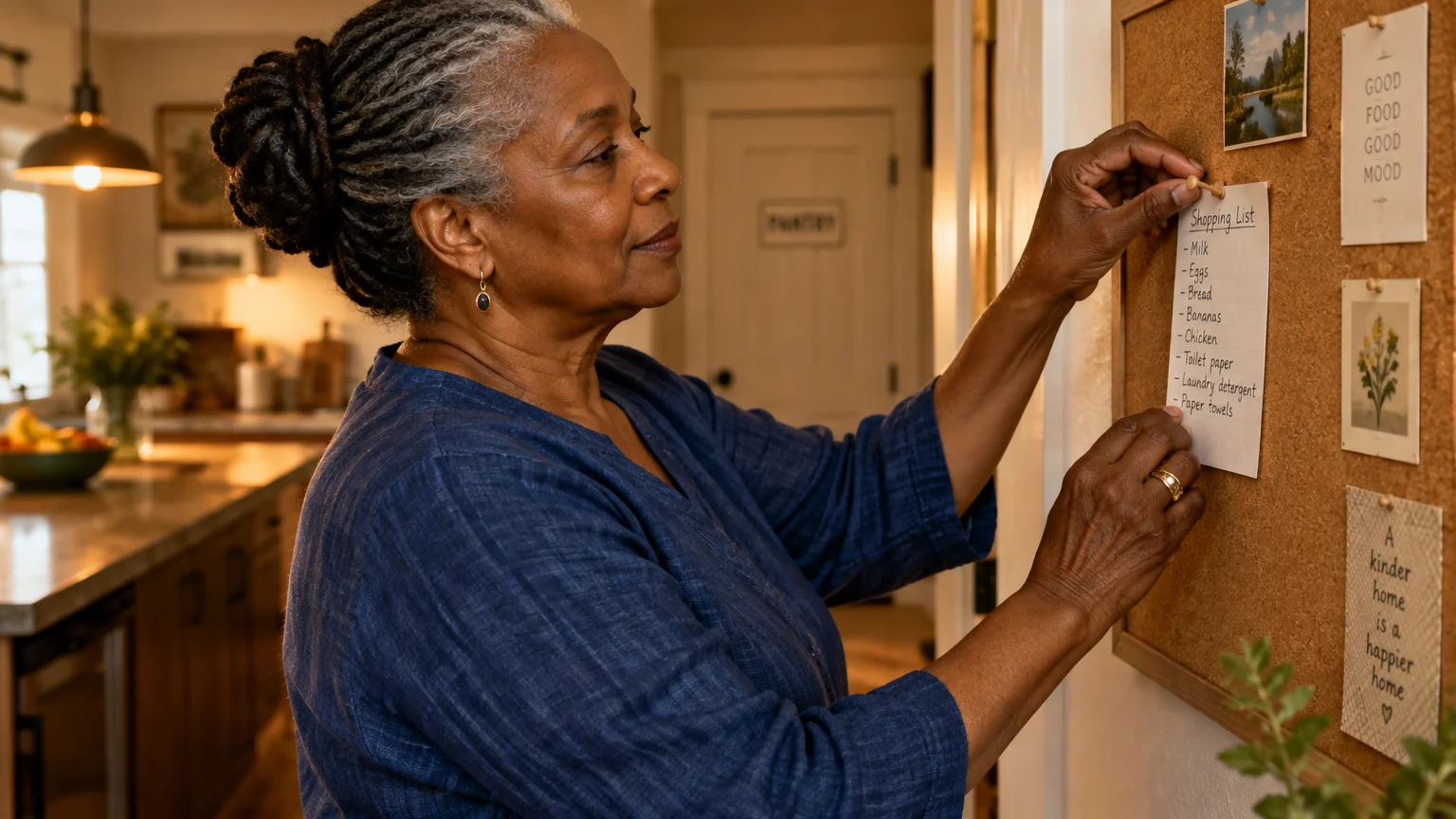 Older Black woman pinning a handwritten shopping list to a corkboard on a kitchen wall.
