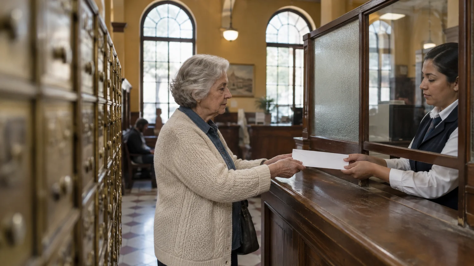 An older woman hands an envelope to a clerk across a wooden service counter behind glass partitions.