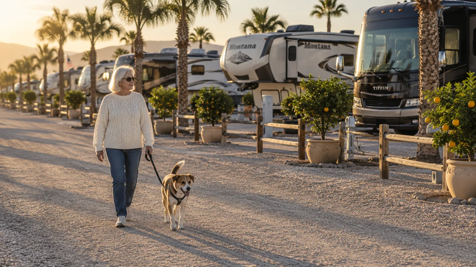 A woman walks a dog on a leash along a gravel road lined with palm trees and large RVs.