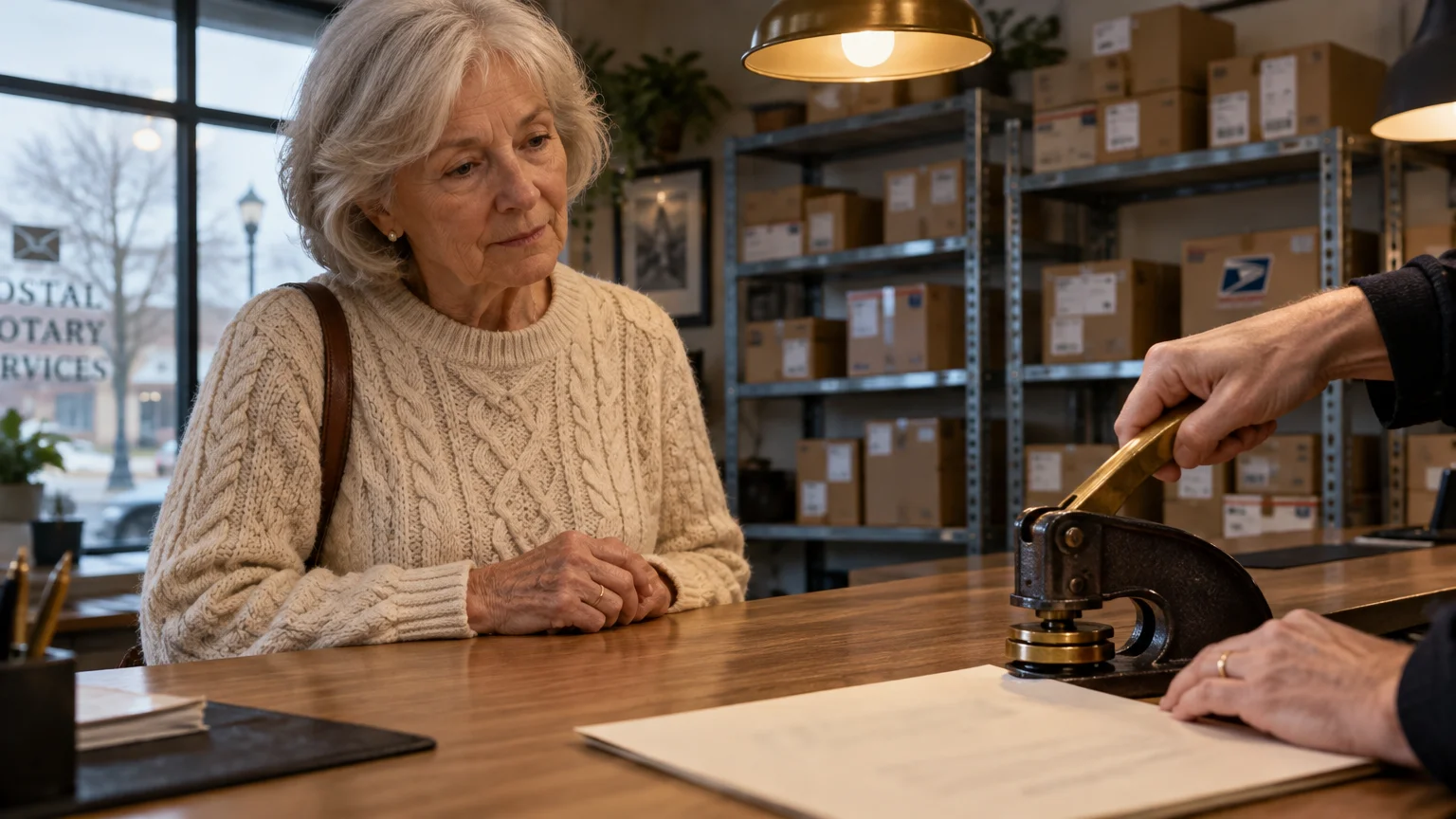 Senior woman watching an employee press an embosser stamp onto a document on a wooden counter.