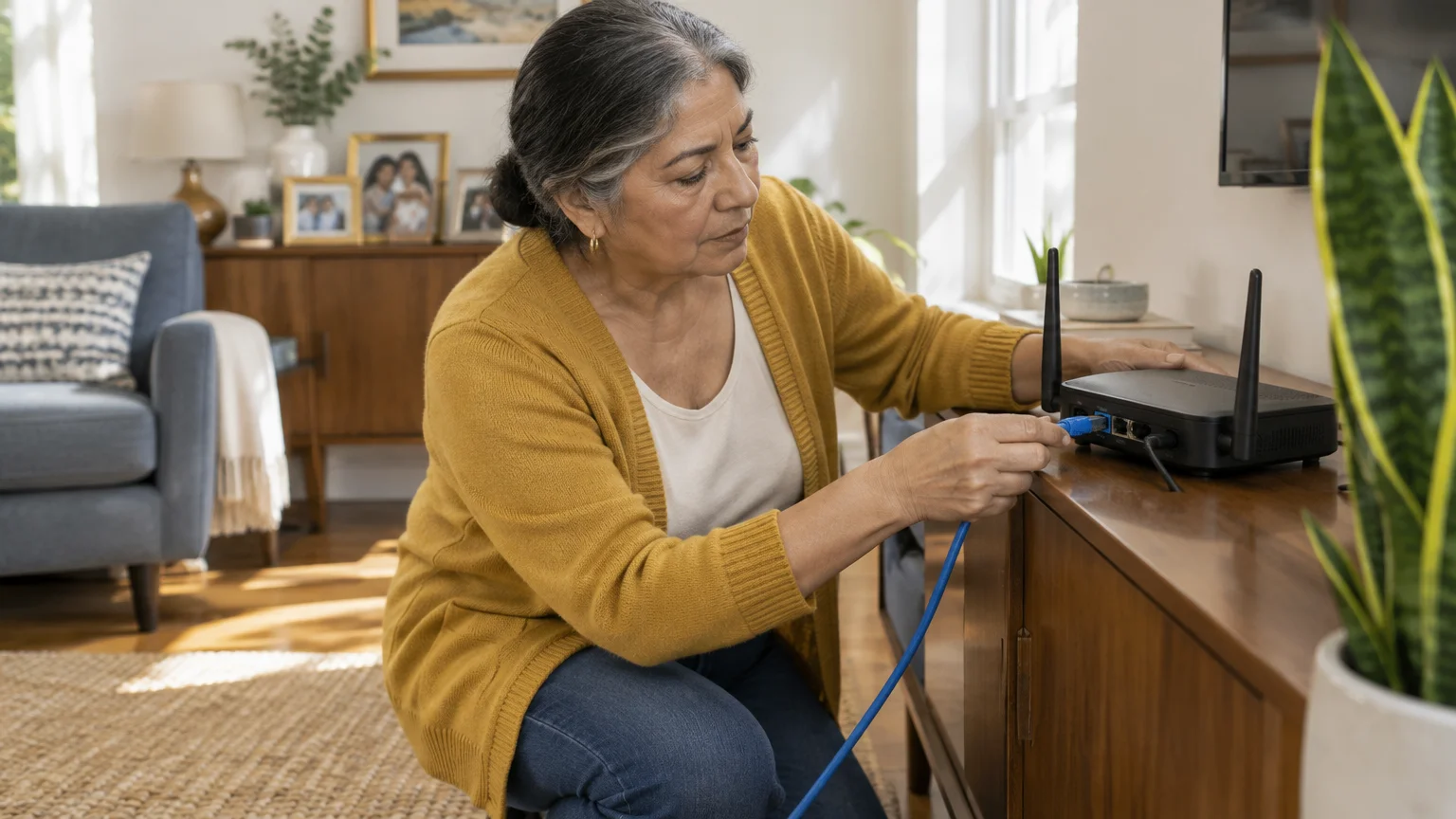 A woman in a yellow cardigan plugs a blue Ethernet cable into a black Wi-Fi router on a wooden cabinet.