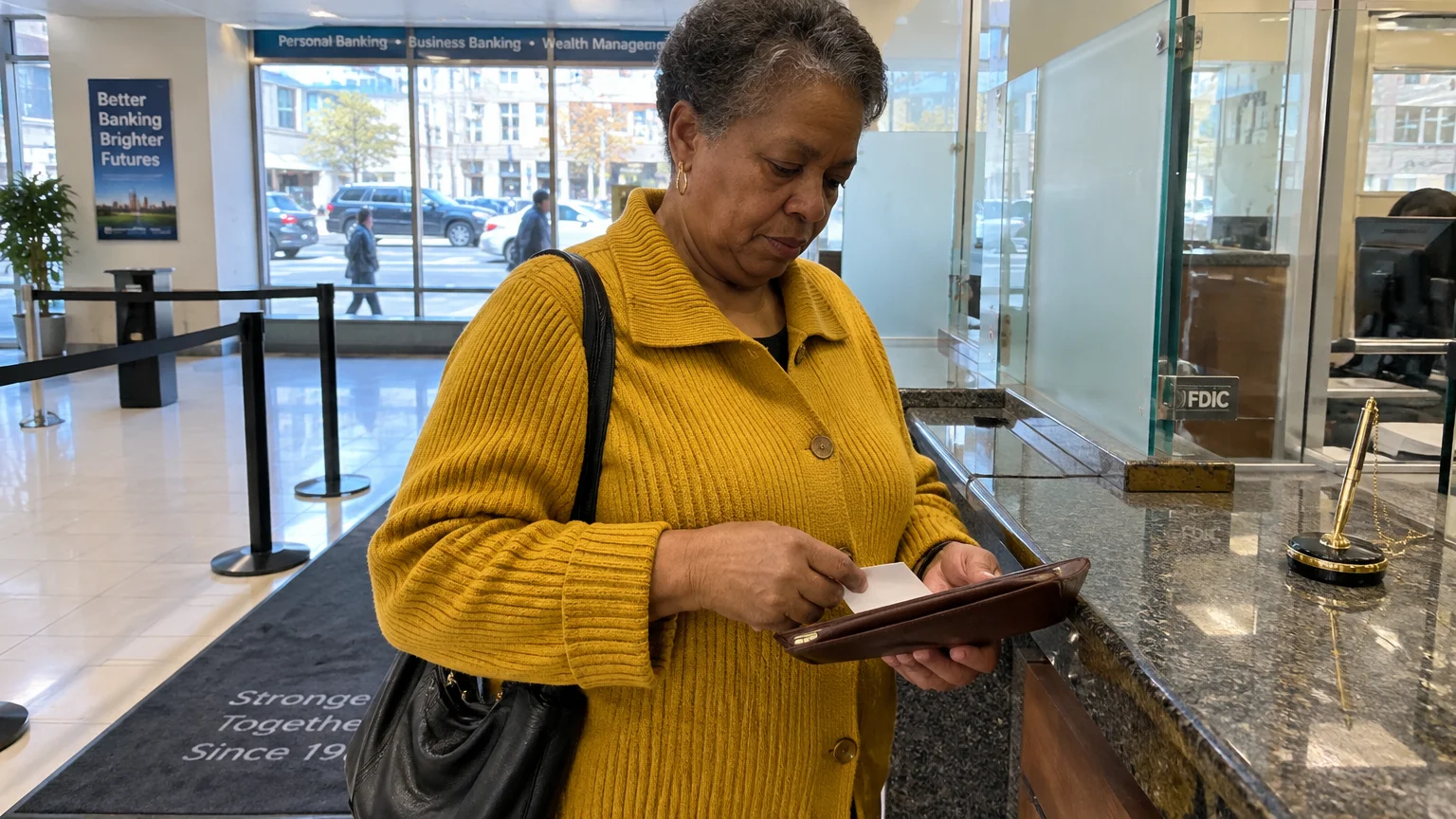 Senior woman in a yellow cardigan holding a wallet and paper slip at a bank teller counter.