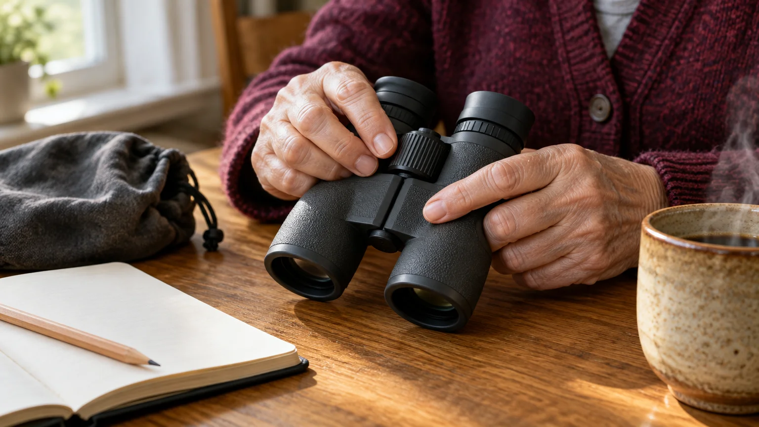 An older person's hands holding black binoculars on a wooden table beside a notebook, pencil, and mug.