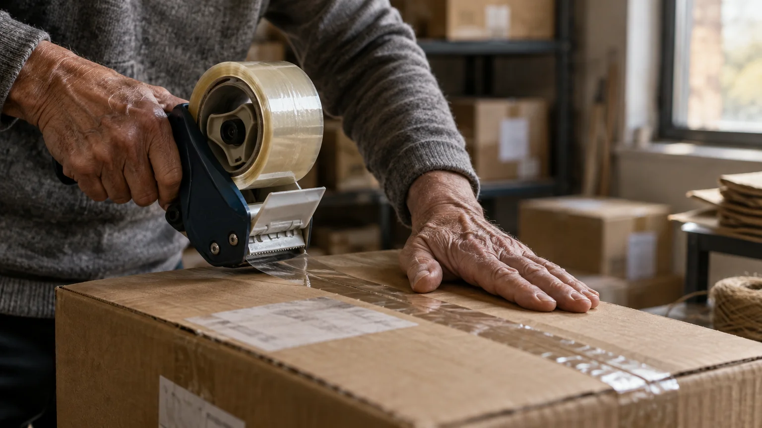 A person using a handheld tape dispenser to seal a cardboard box in a workshop or warehouse.