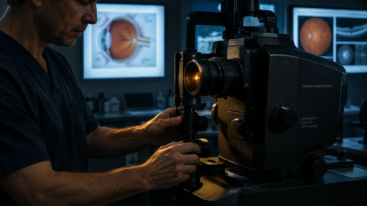 Eye doctor adjusting a retinal imaging system in a dark clinic with eye scans displayed on monitors behind him.