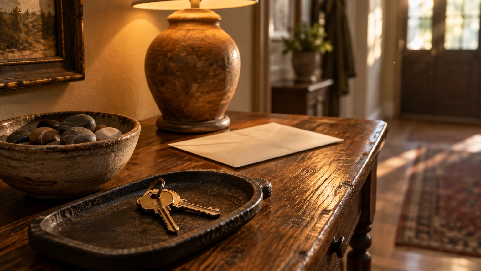 Keys on a tray, a bowl of stones, a letter, and a lamp resting on a wooden entryway table in a sunlit foyer.