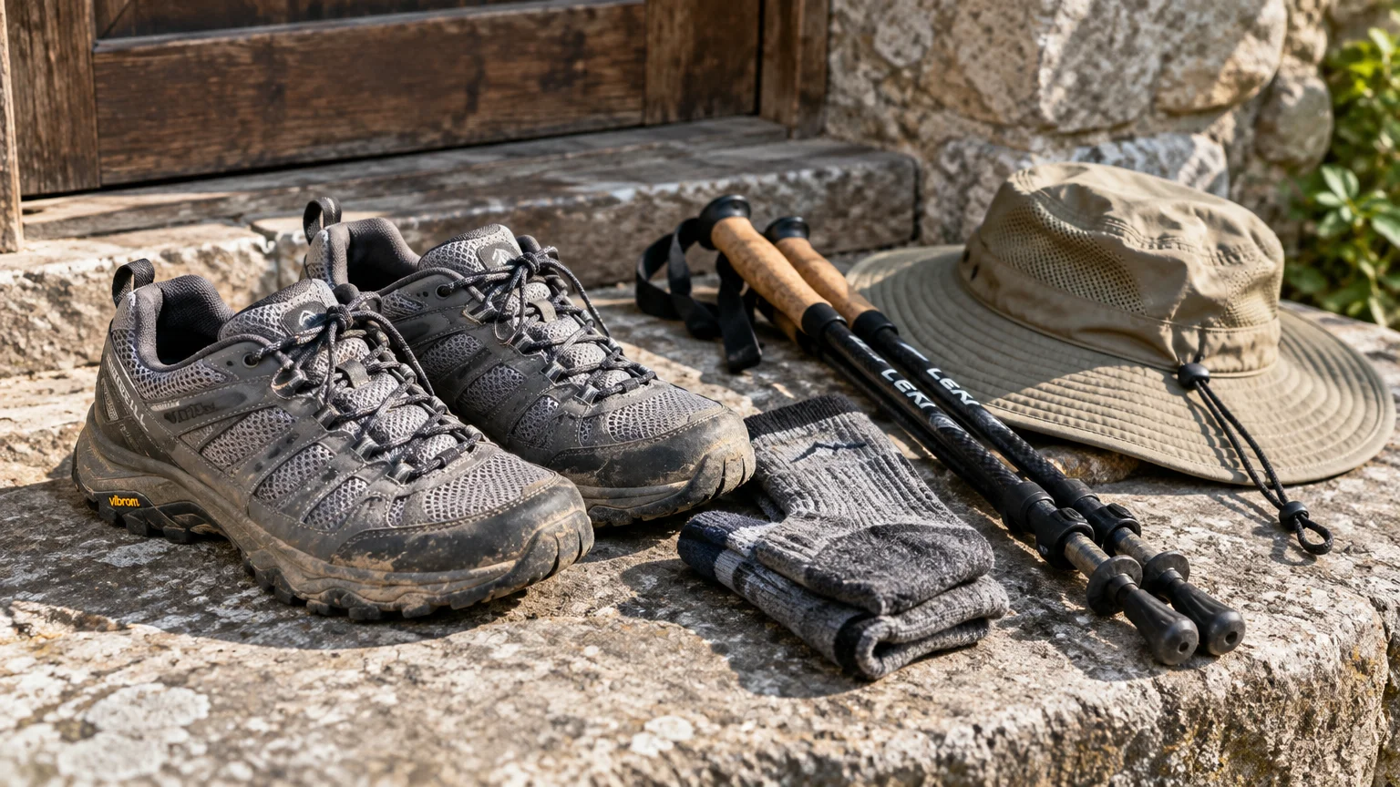 Trail hiking shoes, wool socks, trekking poles, and a sun hat rest on a stone doorstep outside a wooden door.