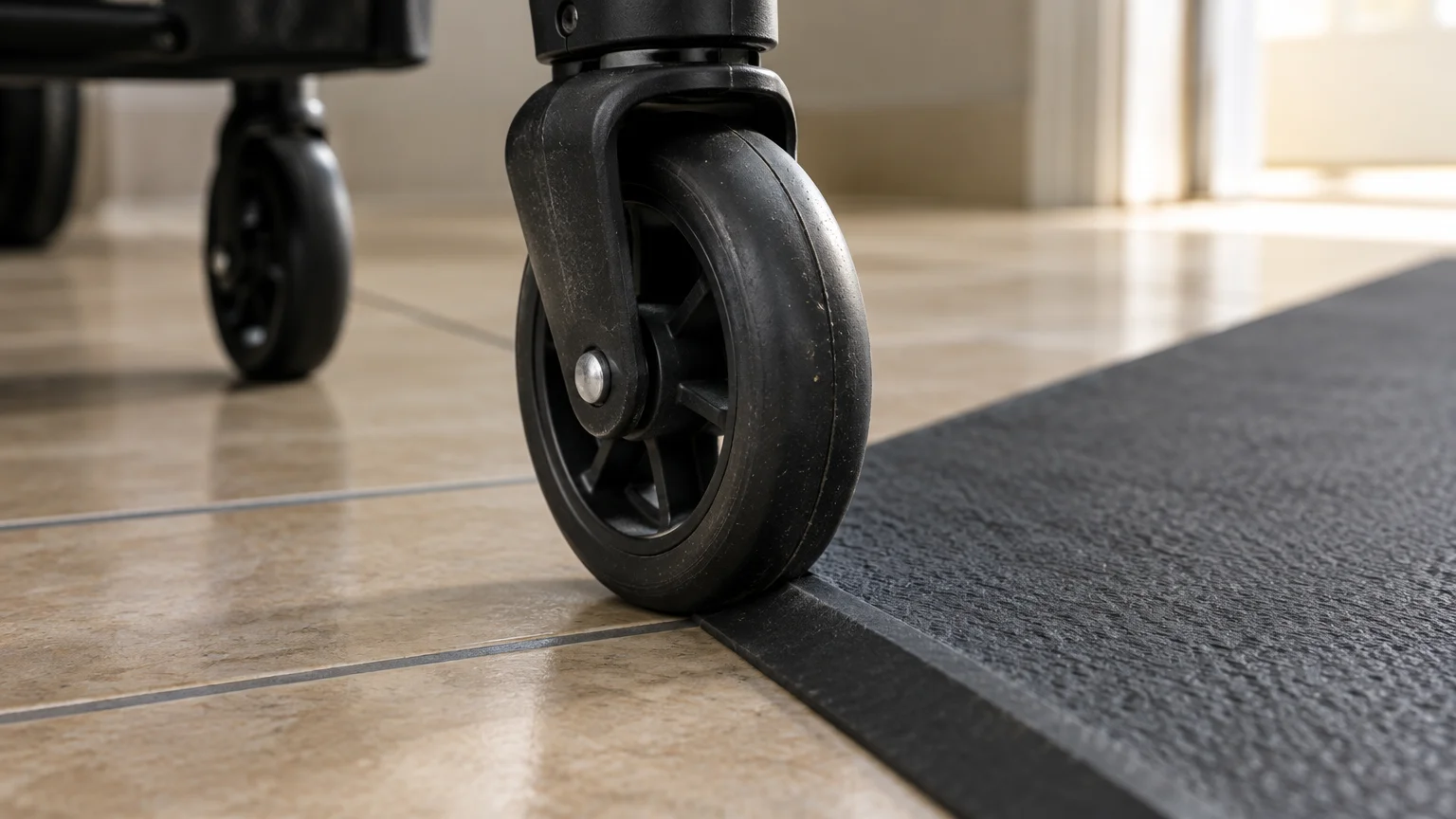 Close-up of a black walker caster wheel meeting the beveled edge of a dark mat on a tiled floor.