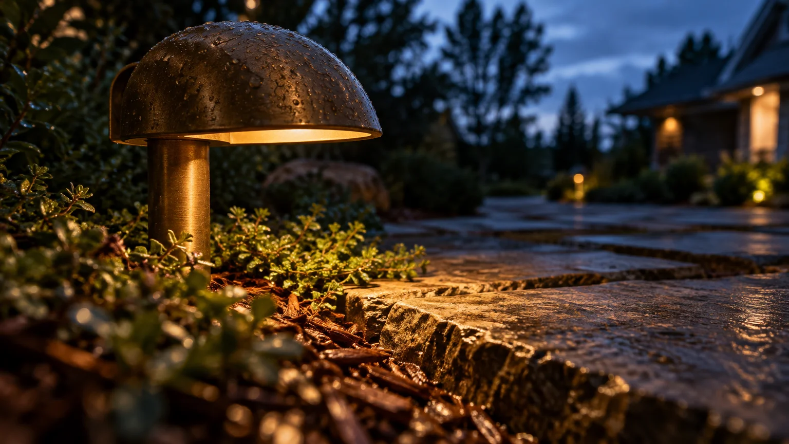 Low-voltage mushroom path light illuminating wet stone walkway pavers and garden mulch at dusk.