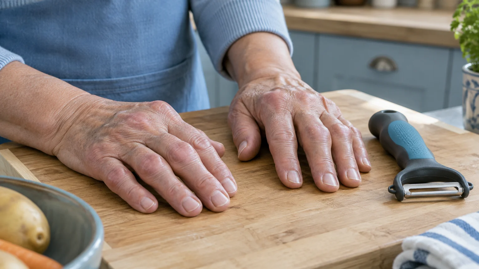 Close-up of an older adult's arthritic hands resting on a wooden cutting board beside a vegetable peeler.