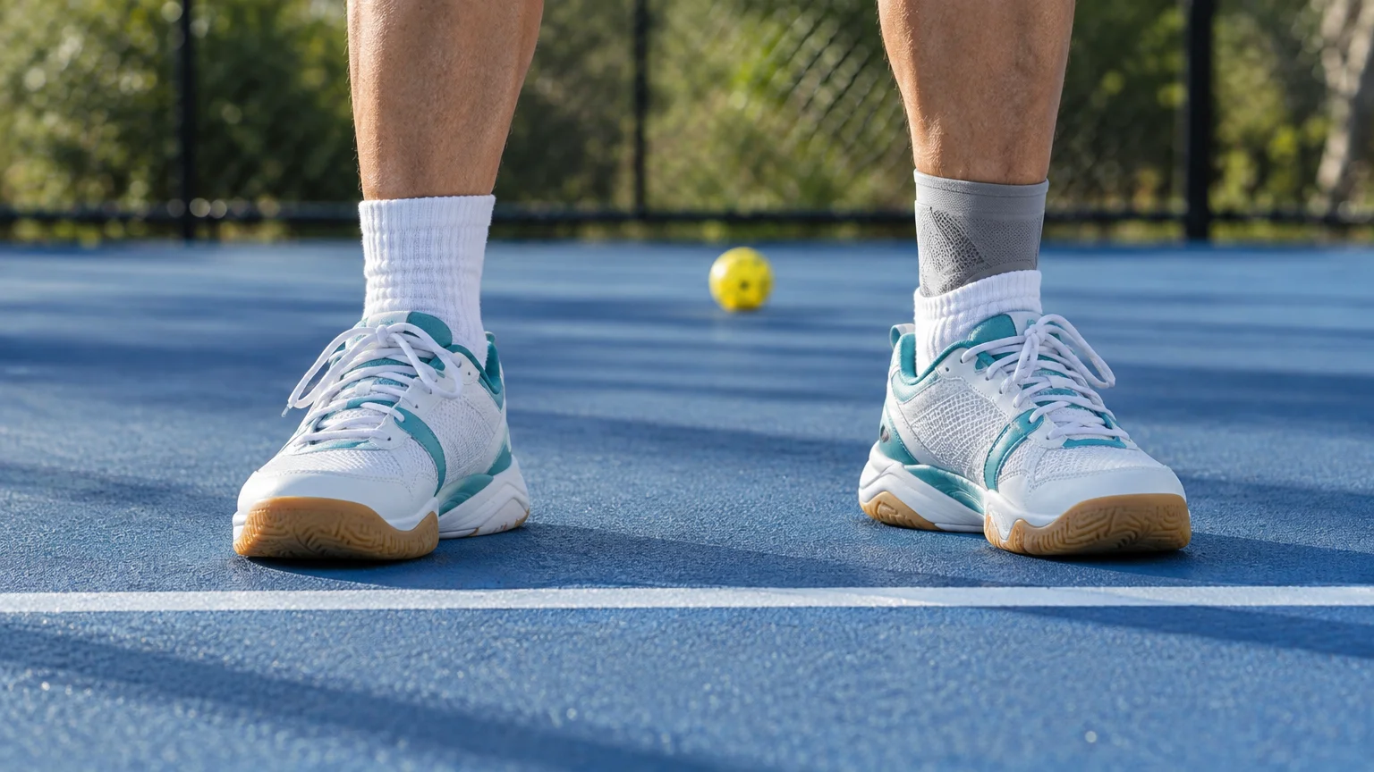 Low-angle view of a player's feet in white athletic shoes and an ankle brace standing on a blue pickleball court.