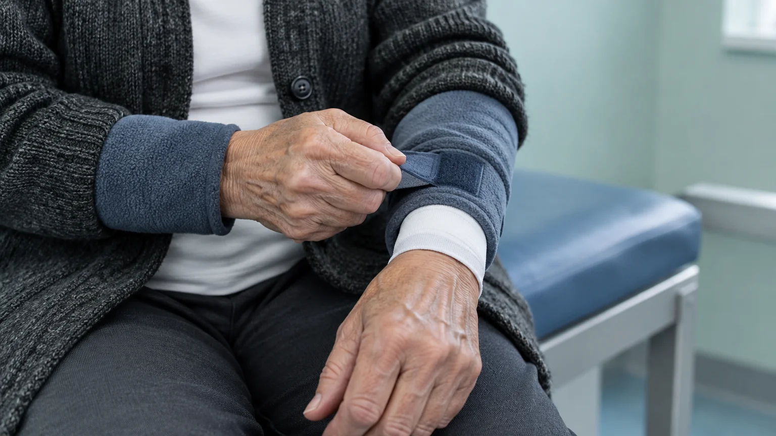 Close-up of an older person in a gray cardigan fastening a fleece cuff or strap around their forearm.