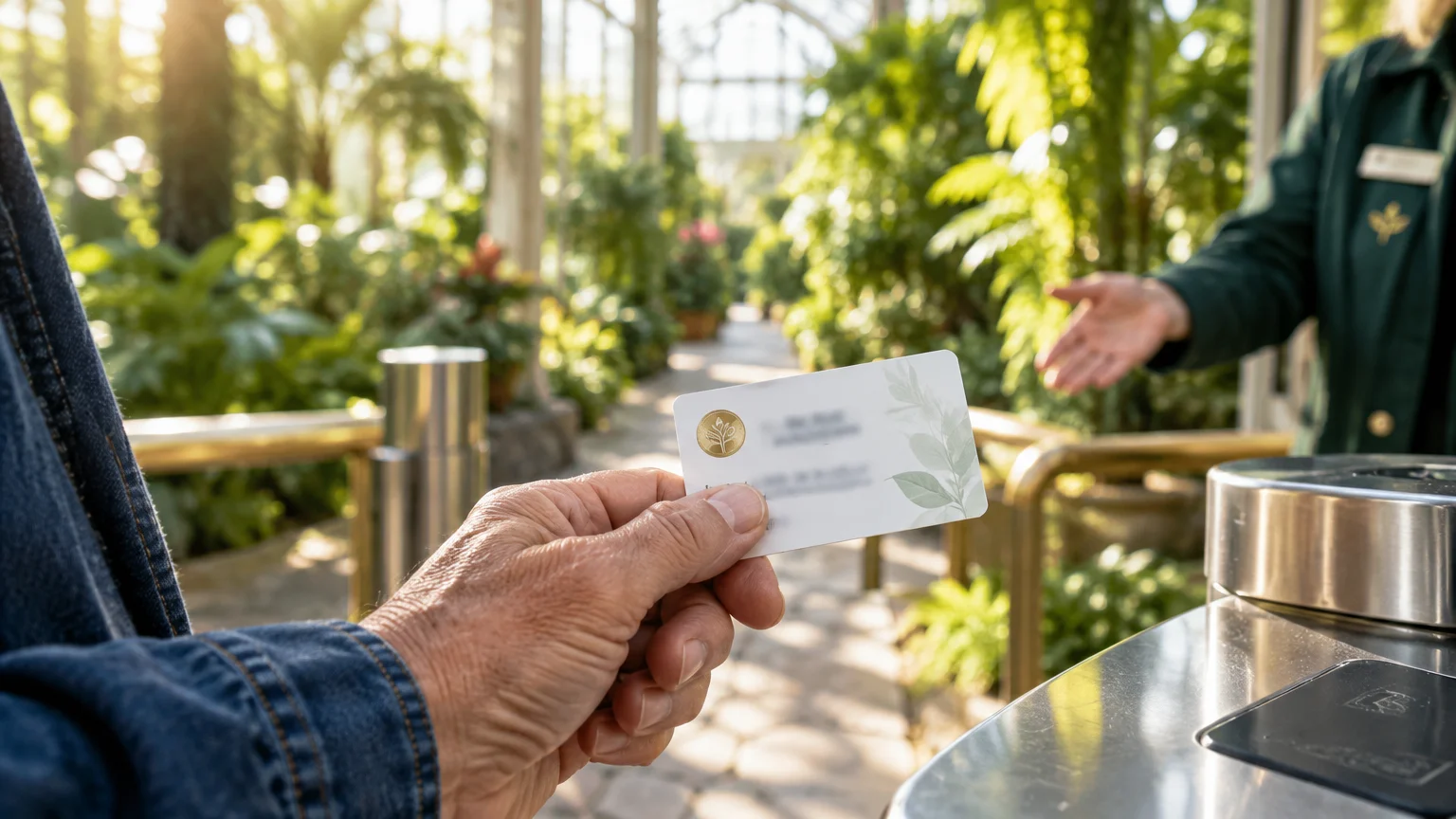 Close-up of a person holding a membership card at a botanical garden turnstile entrance staffed by a worker.