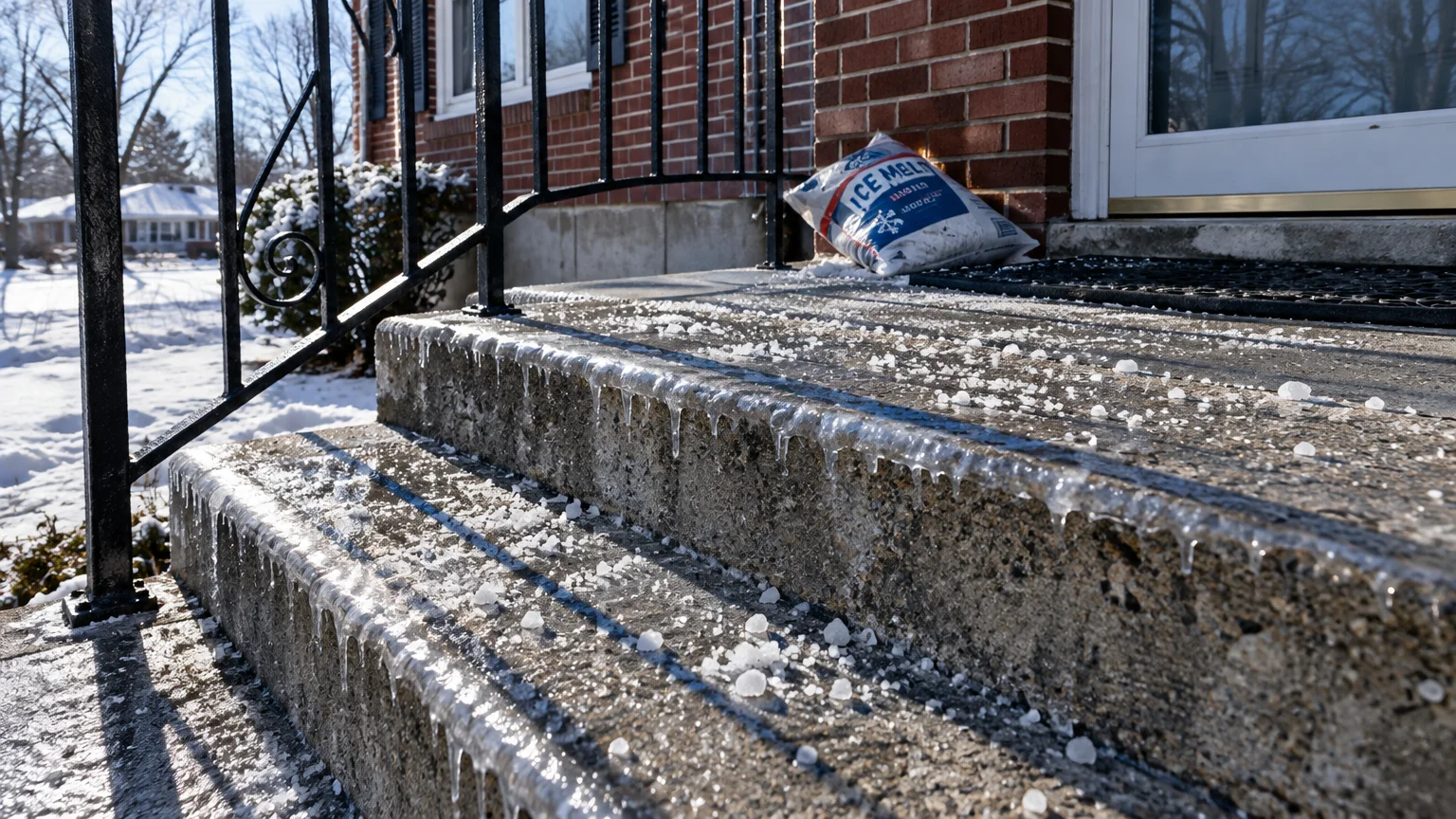 Icy concrete porch steps covered in salt pellets and icicles, with a bag of ice melt sitting beside the front door.