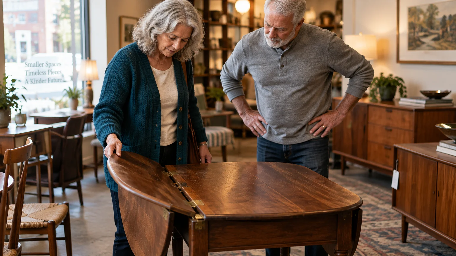 An older couple in a furniture store examines a wooden drop-leaf dining table, with the woman lifting the side leaf.