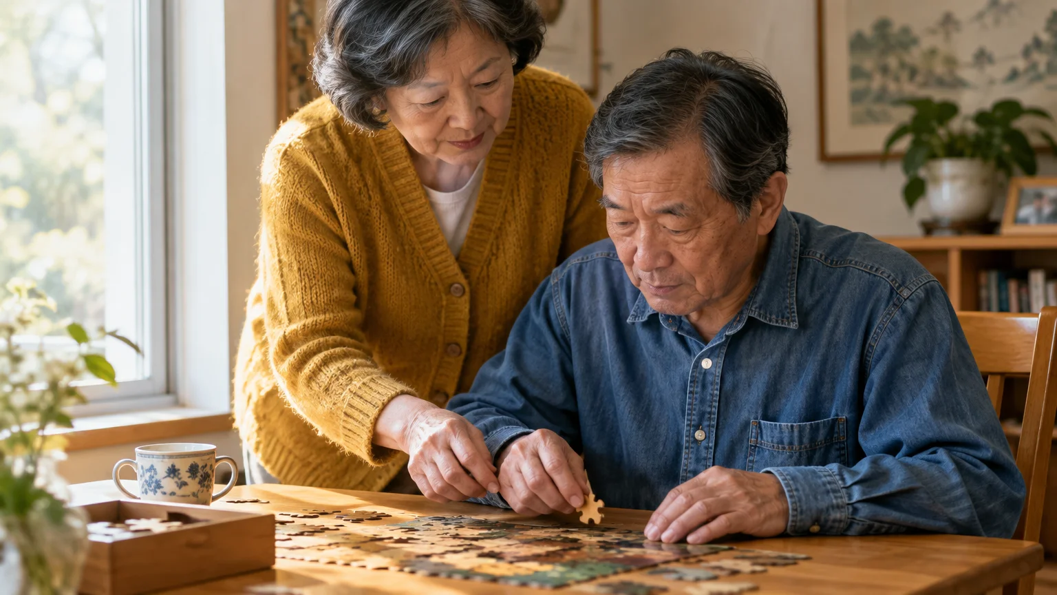 An older East Asian woman standing beside a seated older man, helping him assemble a jigsaw puzzle at a wooden table.