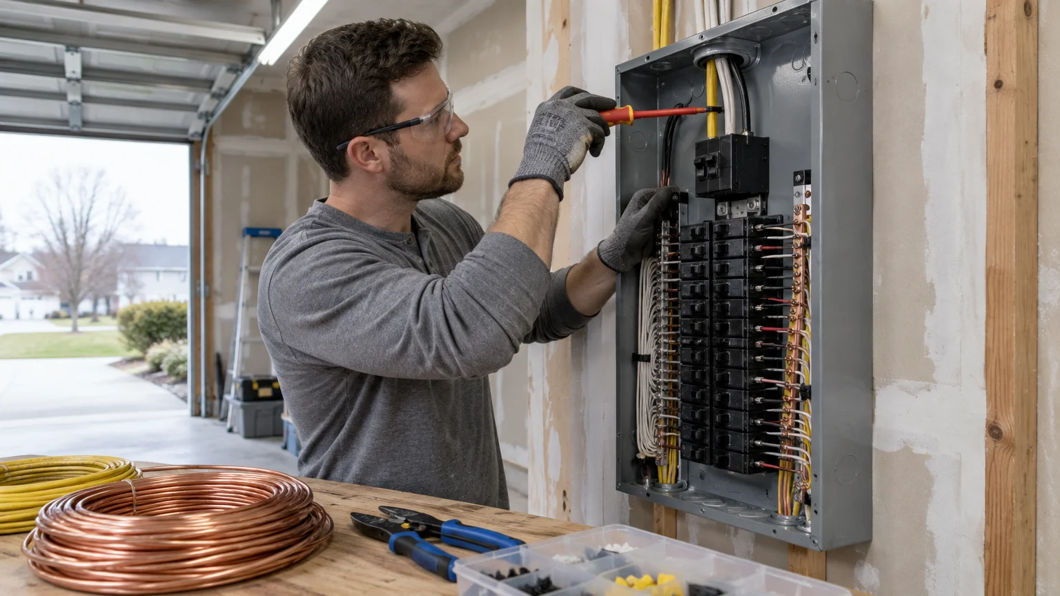 An electrician wearing safety glasses and gloves uses a screwdriver to work inside an open breaker box in a garage.