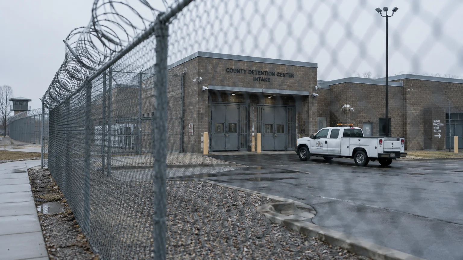 A county detention center intake building behind a razor-wire fence, with a white utility truck parked in the driveway.