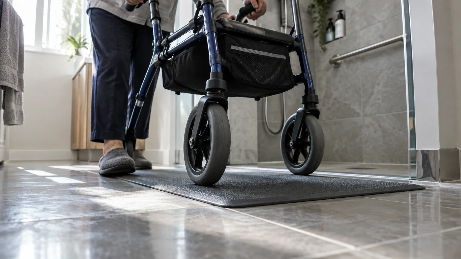Low-angle view of a person using a wheeled walker rolling over a low-profile black mat on a tiled bathroom floor.