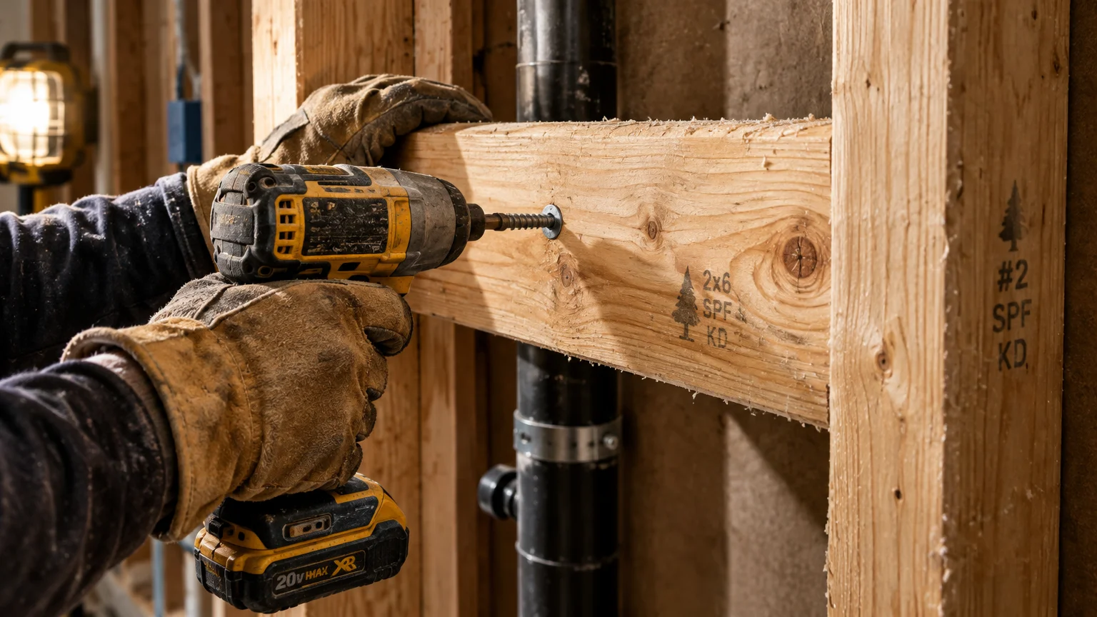 Person using a cordless impact driver to screw horizontal wood blocking into exposed wall studs.
