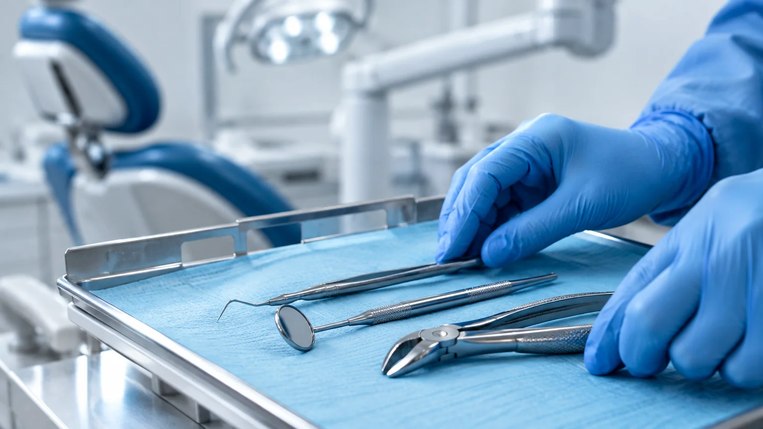 Gloved hands arranging dental tools, including extraction forceps, a mirror, and probe, on a metal tray in a clinic.