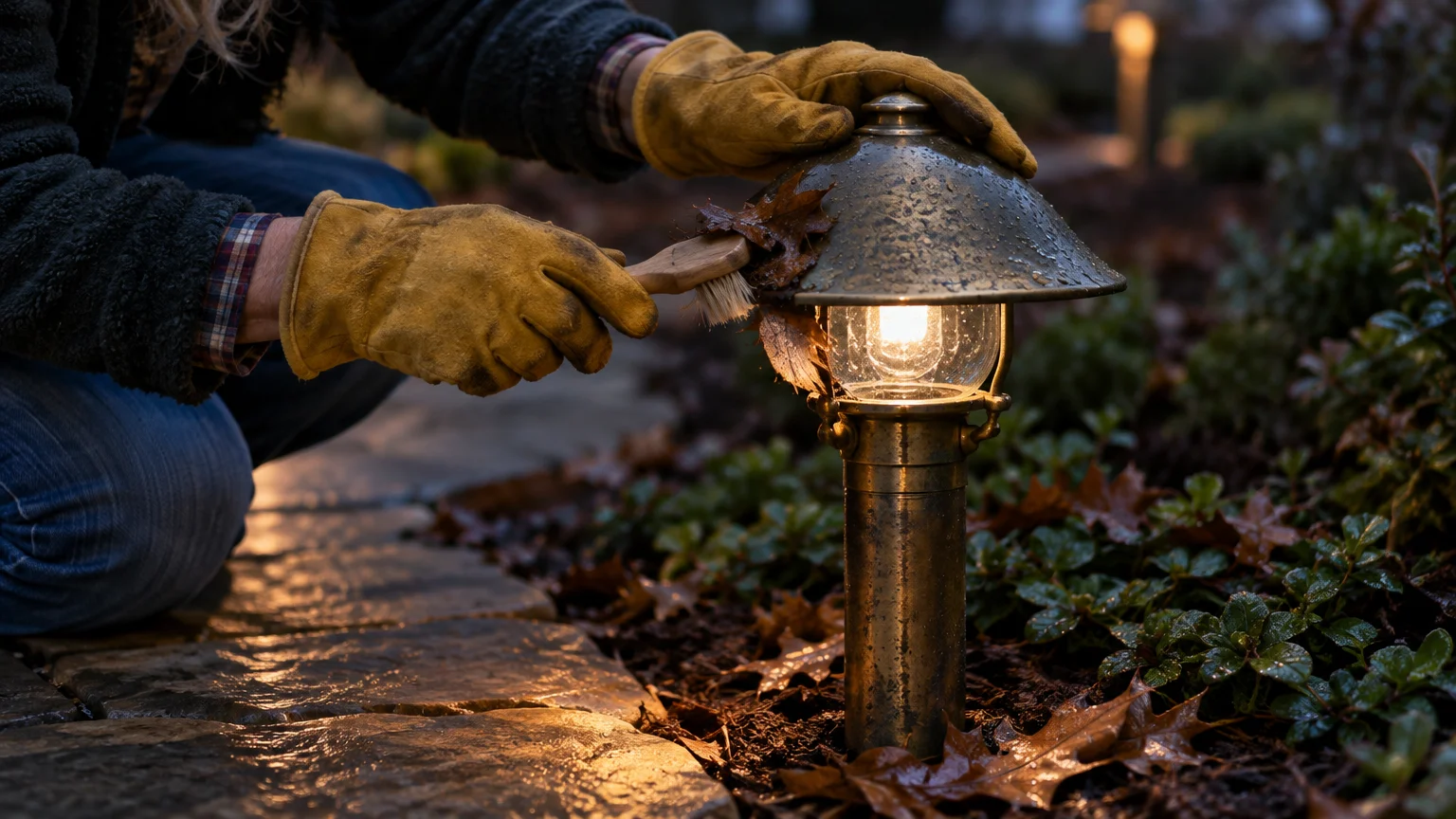 Person in work gloves kneeling by a stone walkway, using a brush to clean wet leaves off an illuminated brass path light.