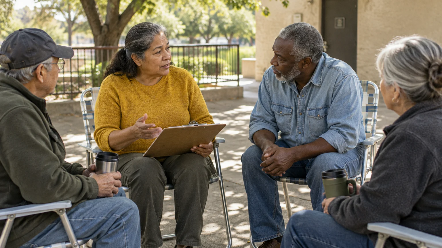 Four older adults sit in folding lawn chairs in a circle as a woman in a yellow sweater speaks holding a clipboard.