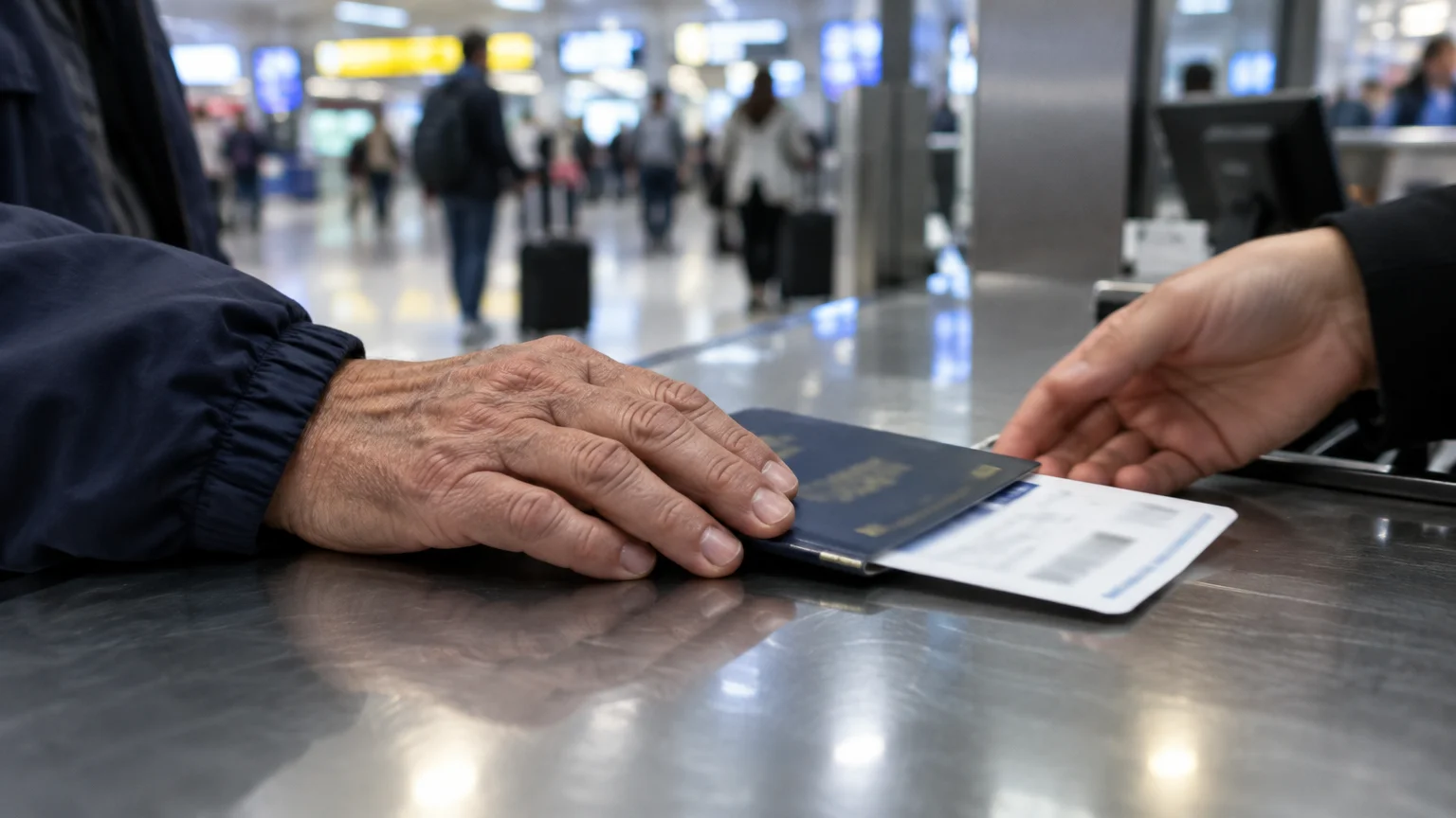 A traveler hands a blue passport and boarding pass across a metal counter to an agent in a busy airport terminal.