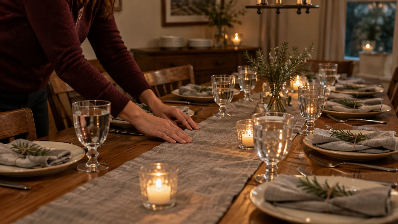 Person smoothing a gray fabric runner on a wooden dining table set with plates, glassware, napkins, and lit candles.