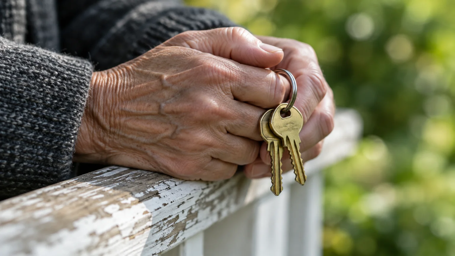Close-up of an older person's wrinkled hands holding brass keys on a ring, resting on a weathered white wooden railing.
