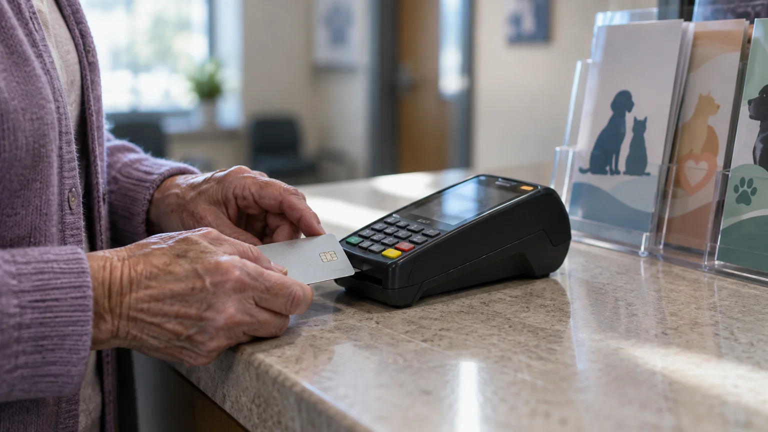 An elderly person inserts a credit card into a payment terminal on a veterinary clinic counter beside brochures.