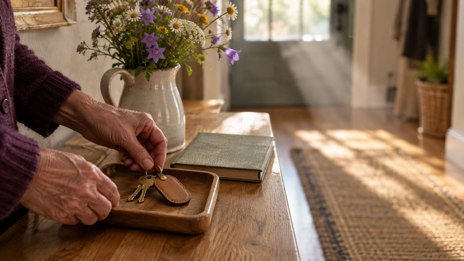 A person's hands placing house keys with a leather keychain into a wooden tray on an entryway table next to flowers.