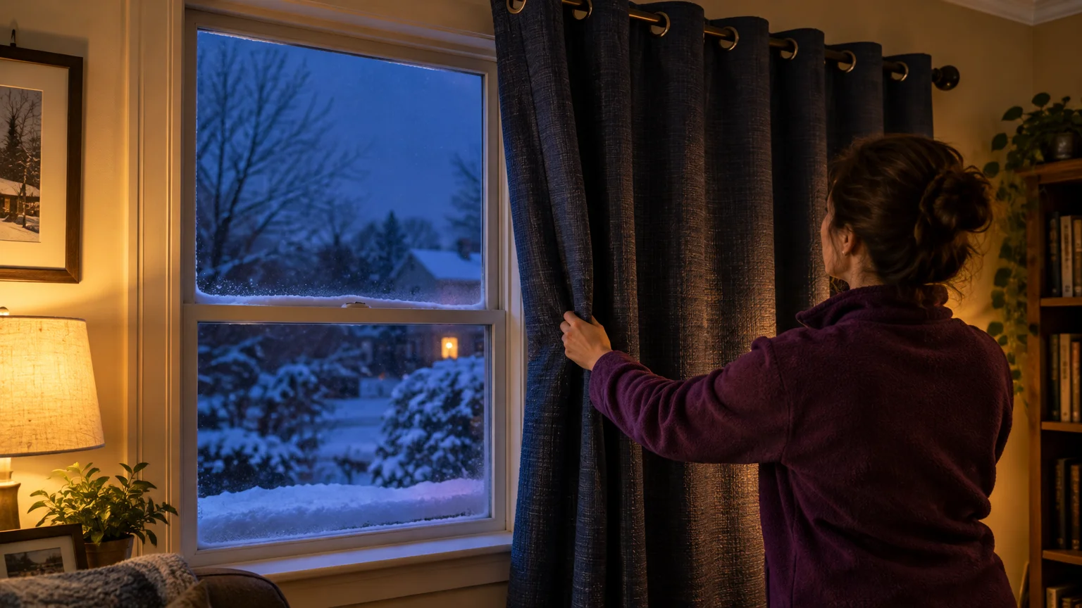 A woman closes thick blue curtains over a window looking out at a snowy evening neighborhood.